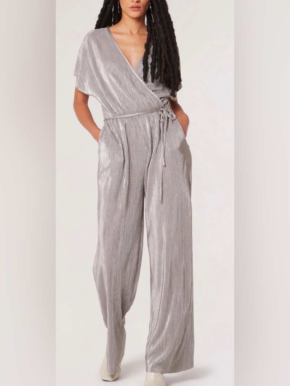 NWT Size Large Elastic waisted Silver Pleated V-Neck Wide-Leg Jumpsuit